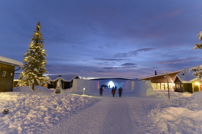  Exterior of Ice Hotel in Jukkasjarvi near Kiruna Sweden
